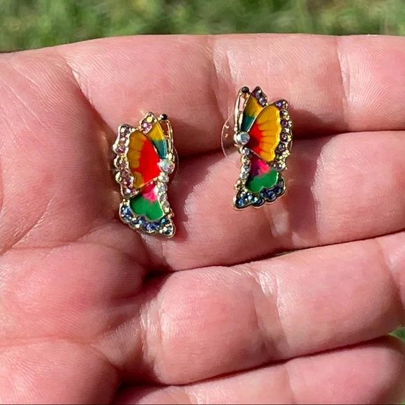 COLORFUL CZ & ENAMEL BUTTERFLY STUD EARRINGS - Picture 3 of 6